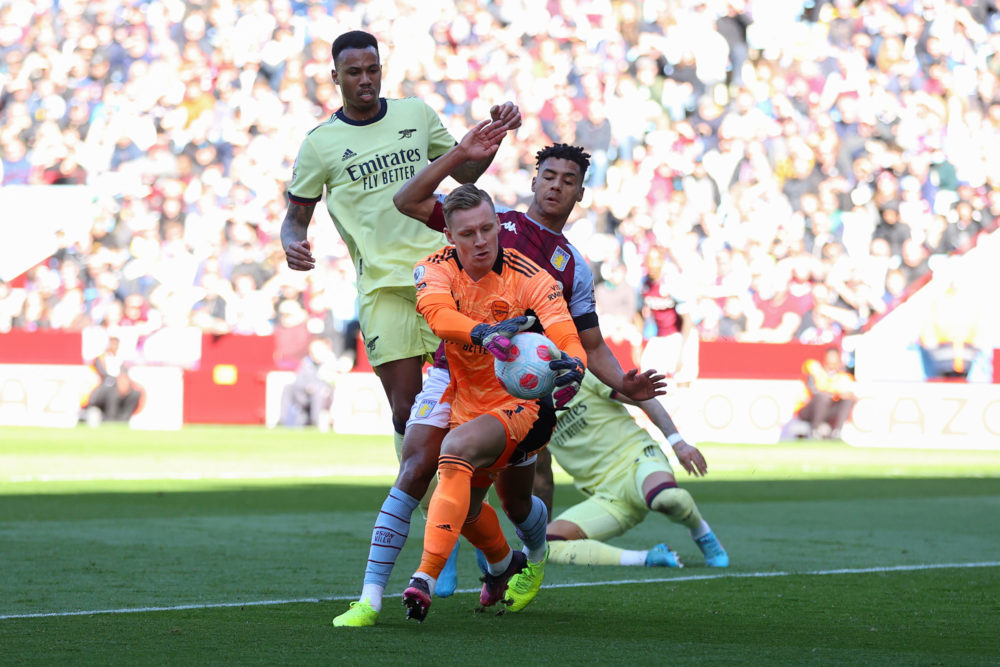 BIRMINGHAM, ENGLAND: Bernd Leno of Arsenal makes a save from Ollie Watkins of Aston Villa during the Premier League match between Aston Villa and A...
