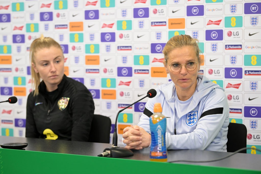 Two Arsenal players called up for the Lionesses 2 BELFAST, NORTHERN IRELAND - APRIL 11: Sarina Wiegman, Manager of England (R) and Leah Williamson of England look on during a press conference ahead of their 2023 FIFA Women's World Cup qualifier match against Northern Ireland at Windsor Park on April 11, 2022 in Belfast, Northern Ireland. (Photo by Charles McQuillan/Getty Images)BELFAST, NORTHERN IRELAND - APRIL 11: Sarina Wiegman, Manager of England (R) and Leah Williamson of England look on during a press conference ahead of their 2023 FIFA Women's World Cup qualifier match against Northern Ireland at Windsor Park on April 11, 2022 in Belfast, Northern Ireland. (Photo by Charles McQuillan/Getty Images)