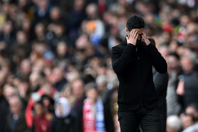 Arsenal's Spanish manager Mikel Arteta reacts during the English Premier League football match between Arsenal and Brighton and Hove Albion at the ...