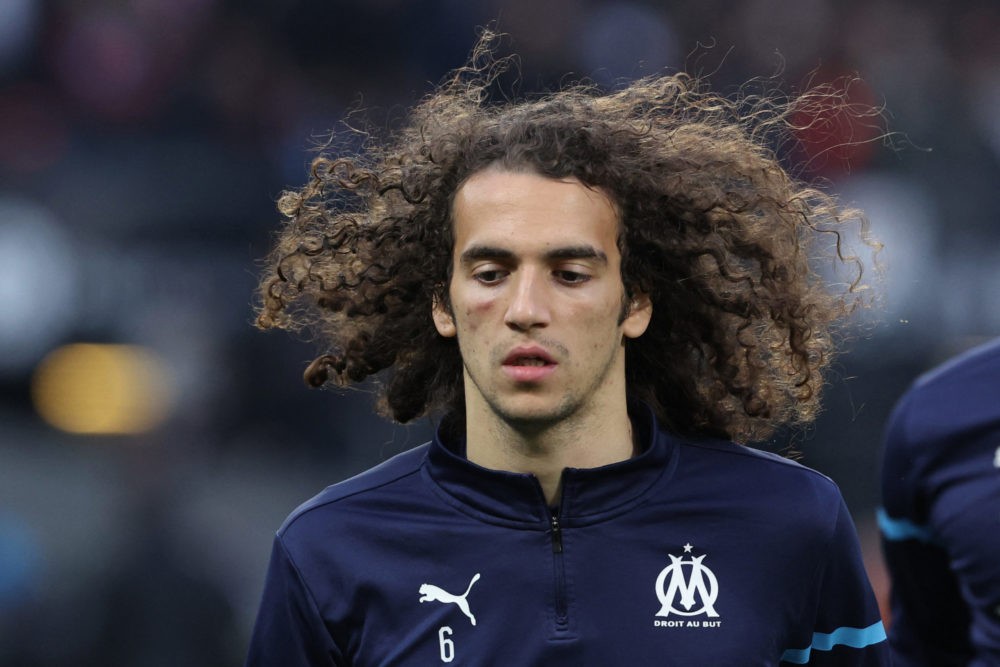 Marseille's French midfielder Matteo Guendouzi warms up prior to the UEFA Conference League semi-final football match between Feyenoord and Olympiq...