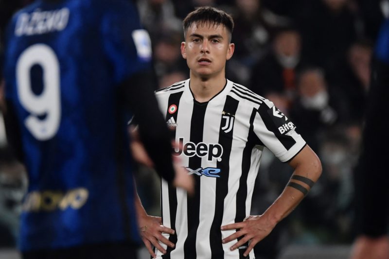 Juventus' Argentine forward Paulo Dybala reacts during the Italian Serie A football match between Juventus and Inter on April 03, 2022 at the Juven...