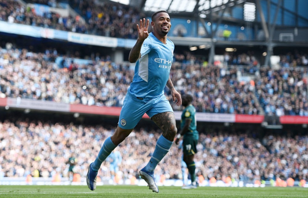 MANCHESTER, ENGLAND: Gabriel Jesus of Manchester City celebrates after scoring their side's fifth goal from a penalty during the Premier League mat...