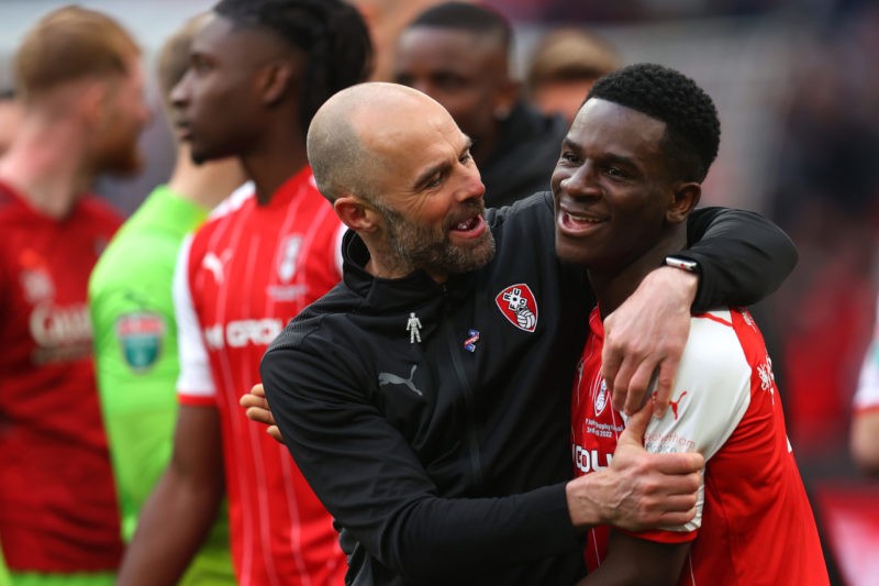 LONDON, ENGLAND - APRIL 03: Paul Warne, Head Coach of Rotherham United celebrates with Jordi Osei-Tutu of Rotherham United following victory in the...
