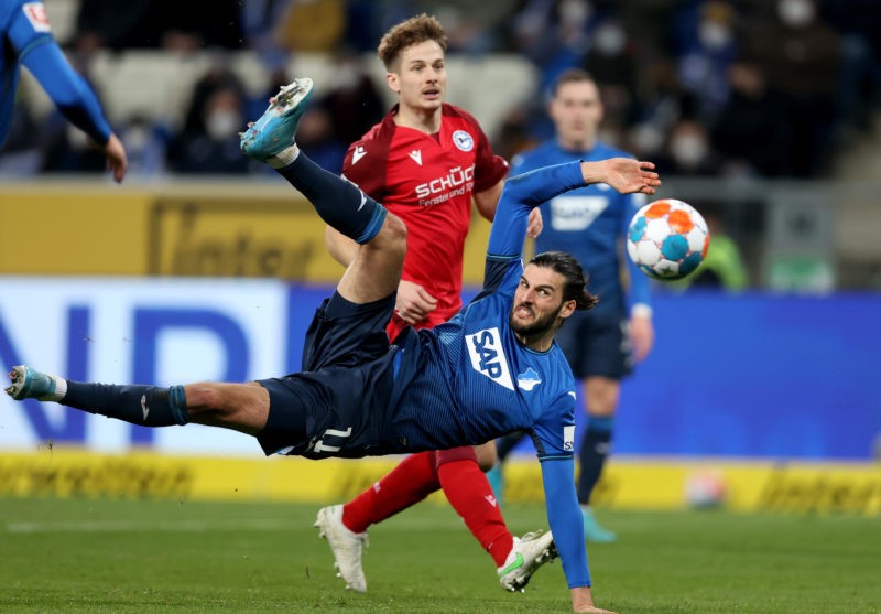 Arsenal face more competition for free 26yo Austrian midfielder 2 SINSHEIM, GERMANY - FEBRUARY 13: Florian Grillitsch #11 of TSG Hoffenheim takes a shot at goal during the Bundesliga match between TSG Hoffenheim and DSC Arminia Bielefeld at PreZero-Arena on February 13, 2022 in Sinsheim, Germany. (Photo by Alex Grimm/Getty Images)