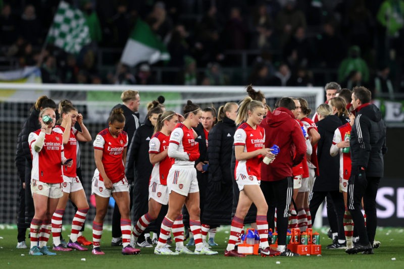 Arsenal out of Champions League after defeat at Wolfsburg 2 WOLFSBURG, GERMANY - MARCH 31: Players of Arsenal look dejected following their side's defeat in the UEFA Women's Champions League Quarter Final Second Leg match between VfL Wolfsburg and Arsenal WFC at VfL Wolfsburg Arena on March 31, 2022 in Wolfsburg, Germany. (Photo by Martin Rose/Getty Images)