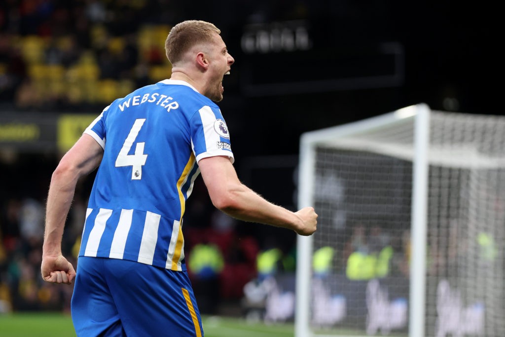 Brighton boss confirms 2 injured players could return vs Arsenal 2 WATFORD, ENGLAND: Adam Webster of Brighton & Hove Albion celebrates after scoring their team's second goal during the Premier League match between Watford and Brighton & Hove Albion at Vicarage Road on February 12, 2022. (Photo by Mark Thompson/Getty Images)