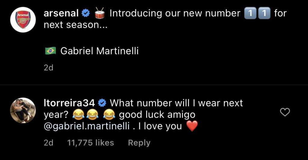 Lucas Torreira's Instagram comment on Arsenal's photo