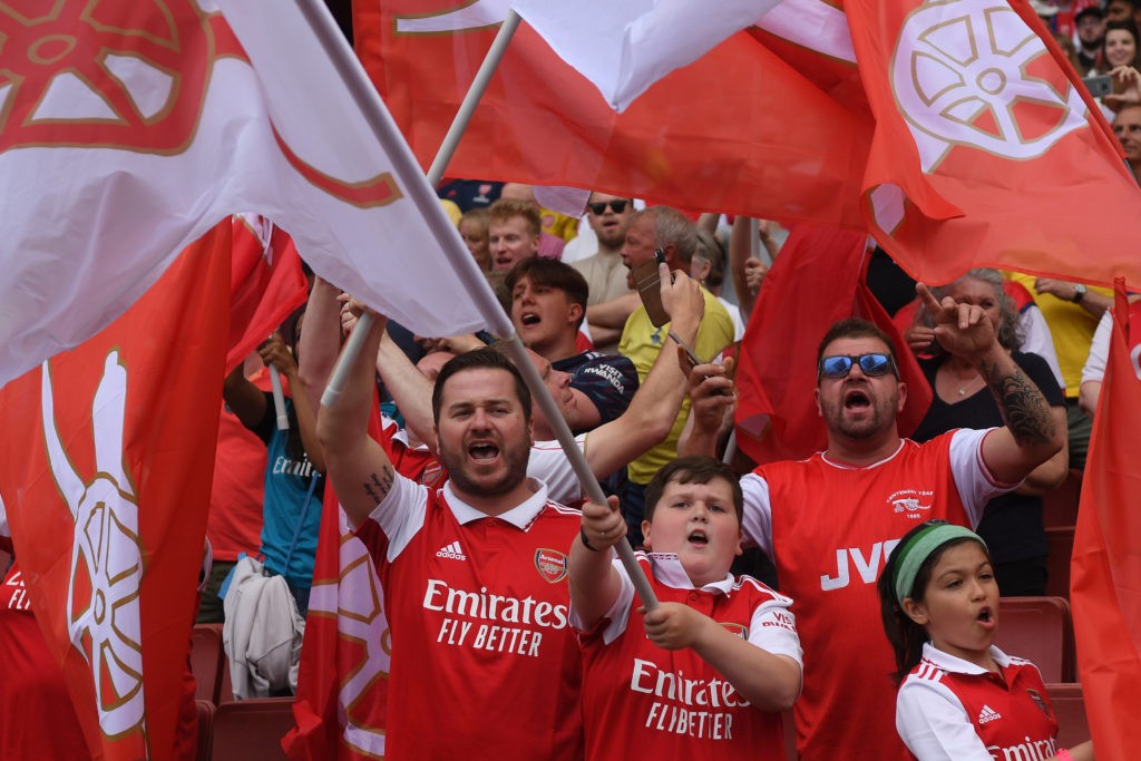 LONDON, ENGLAND: Arsenal fans during the Premier League match between Arsenal and Everton at Emirates Stadium on May 22, 2022. (Photo by Mike Hewitt/Getty Images)