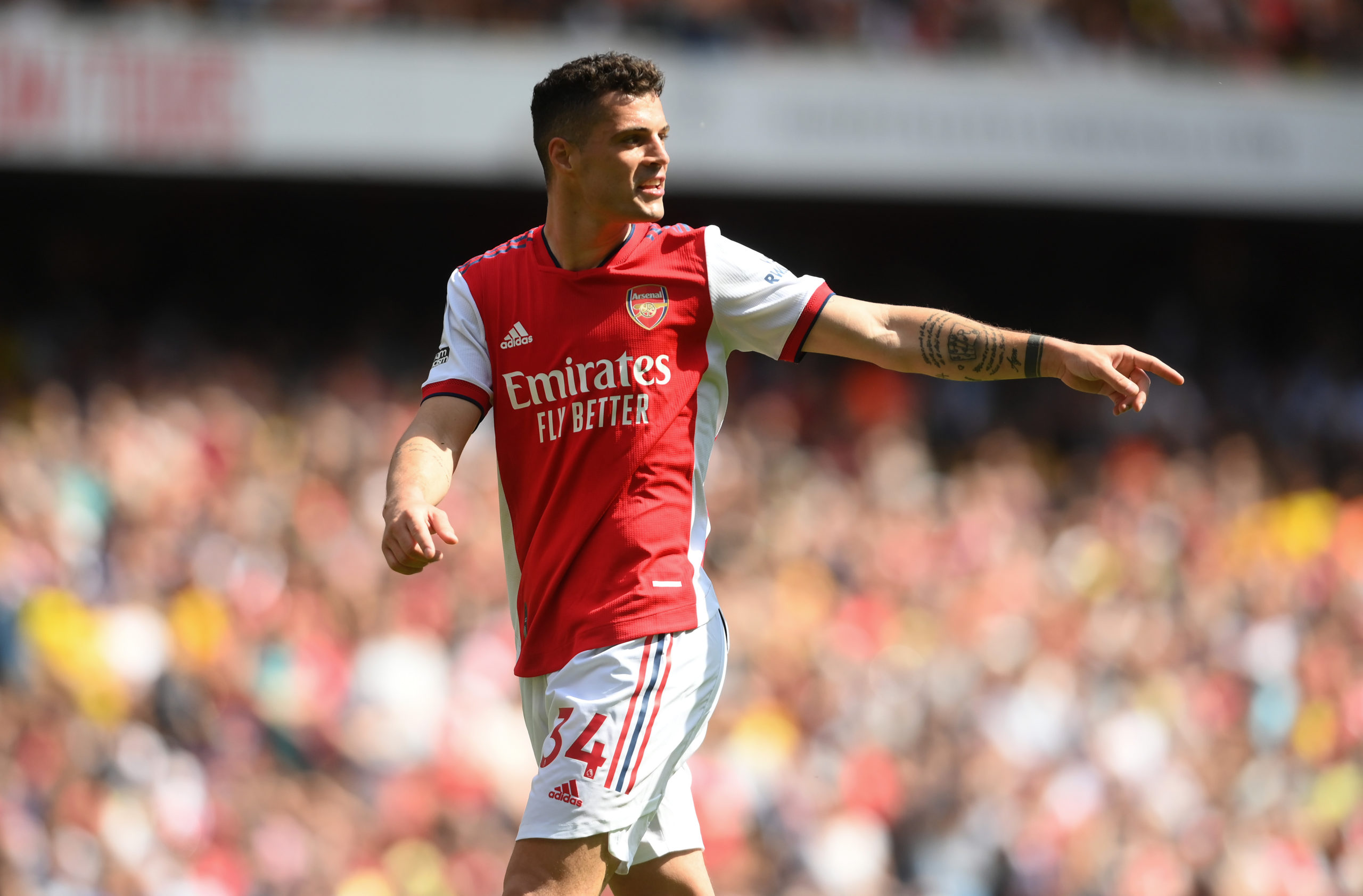 LONDON, ENGLAND: Granit Xhaka of Arsenal points during the Premier League match between Arsenal and Leeds United at Emirates Stadium on May 08, 202...
