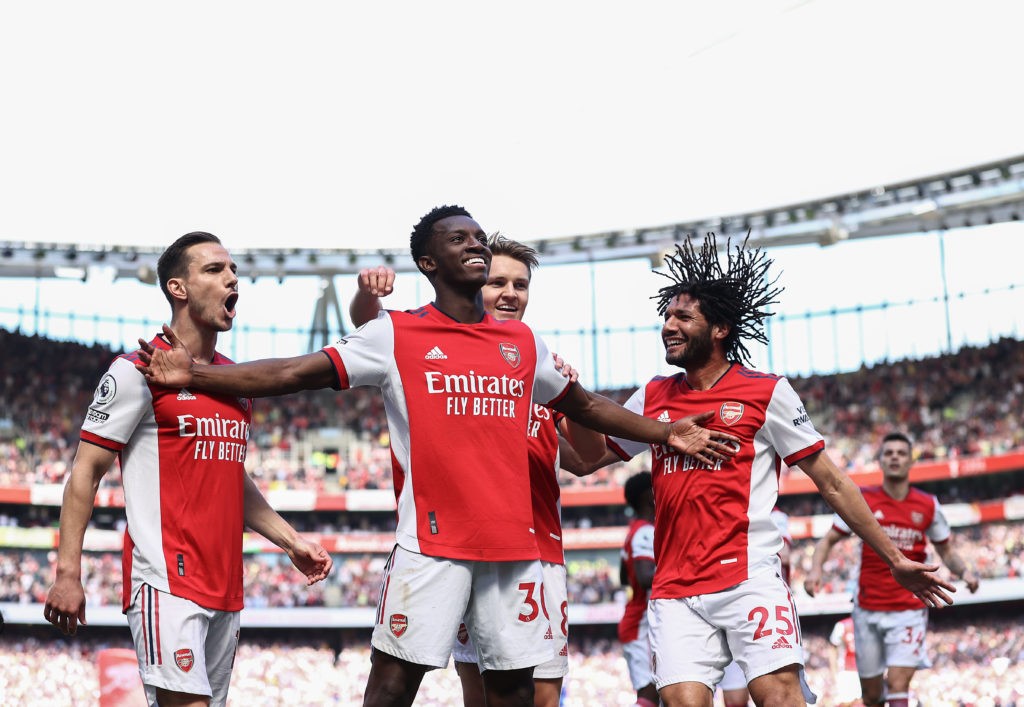 LONDON, ENGLAND - MAY 08: Eddie Nketiah of Arsenal celebrates after scoring his teams second goal during the Premier League match between Arsenal and Leeds United at Emirates Stadium on May 08, 2022 in London, England. (Photo by Ryan Pierse/Getty Images)