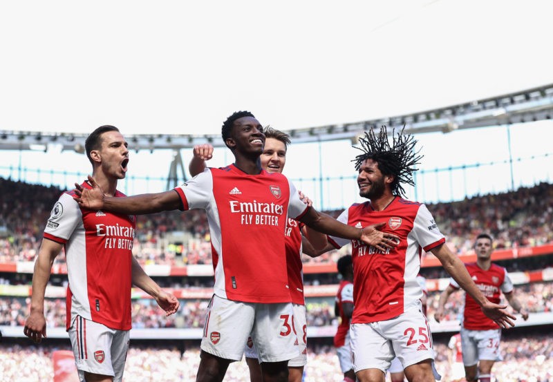 LONDON, ENGLAND - MAY 08: Eddie Nketiah of Arsenal celebrates after scoring his teams second goal during the Premier League match between Arsenal a...