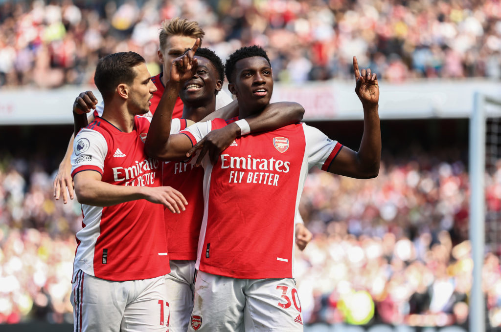 2 more fixtures added to Arsenal's pre-season plans 3 LONDON, ENGLAND: Eddie Nketiah of Arsenal celebrates after scoring his team's first goal during the Premier League match between Arsenal and Leeds United at Emirates Stadium on May 08, 2022. (Photo by Ryan Pierse/Getty Images)