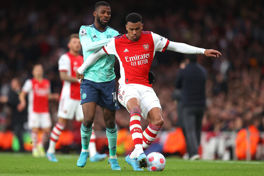 LONDON, ENGLAND: Gabriel Magalhaes of Arsenal is challenged by Kelechi Iheanacho of Leicester City during the Premier League match between Arsenal and Leicester City at Emirates Stadium on March 13, 2022. (Photo by Catherine Ivill/Getty Images)