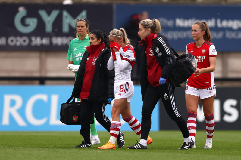 Arsenal hammer Villa but Chelsea 1 win away from title 3 BOREHAMWOOD, ENGLAND - MAY 01: Jordan Nobbs of Arsenal leaves the field after receiving medical treatment during the Barclays FA Women's Super League match between Arsenal Women and Aston Villa Women at Meadow Park on May 01, 2022 in Borehamwood, England. (Photo by Paul Harding/Getty Images)