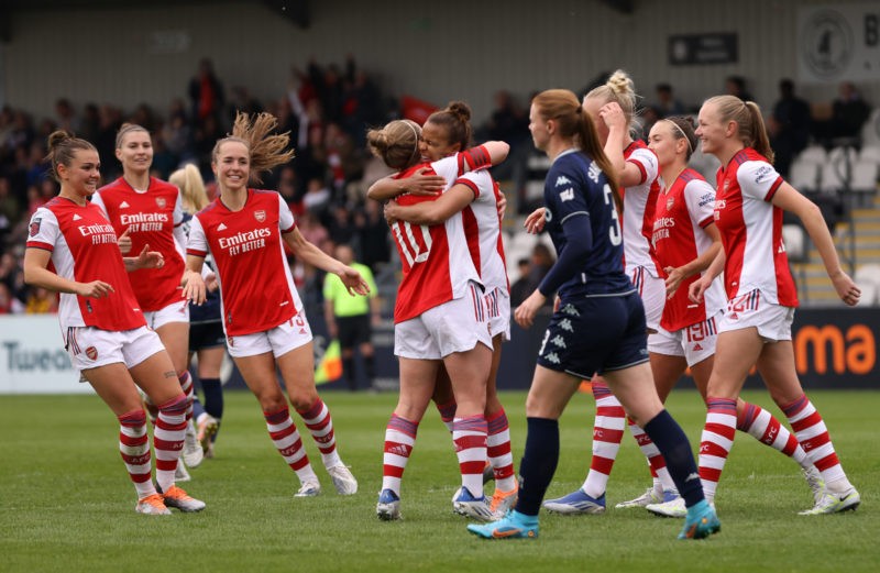 BOREHAMWOOD, ENGLAND - MAY 01: Nikita Parris of Arsenal celebrates scoring their side's seventh goal with teammates during the Barclays FA Women's ...