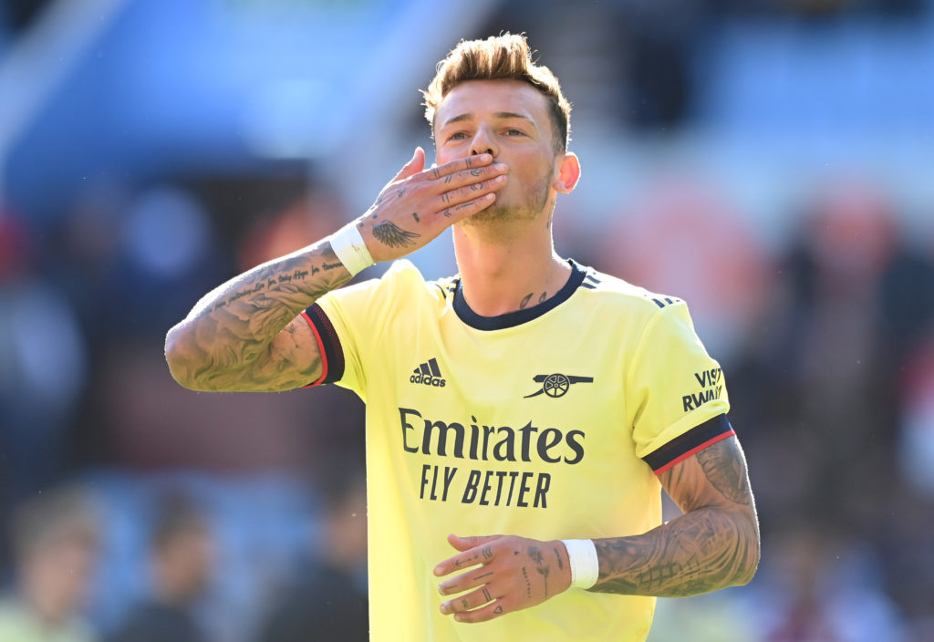 BIRMINGHAM, ENGLAND: Ben White of Arsenal celebrates with the fans after his side's victory during the Premier League match between Aston Villa and Arsenal at Villa Park on March 19, 2022. (Photo by Michael Regan/Getty Images)