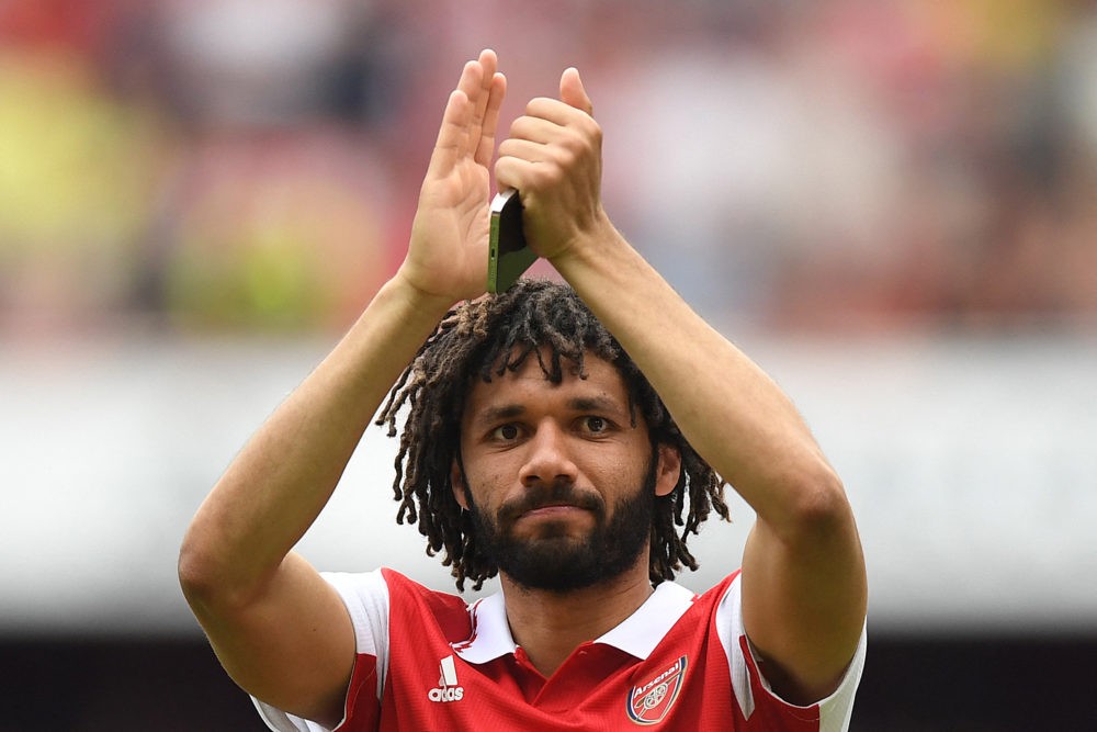 Arsenal's Egyptian midfielder Mohamed Elneny celebrates at the end of the English Premier League football match between Arsenal and Everton at the ...