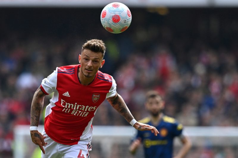 Arsenal's English defender Ben White chases the ball during the English Premier League football match between Arsenal and Manchester United at the ...