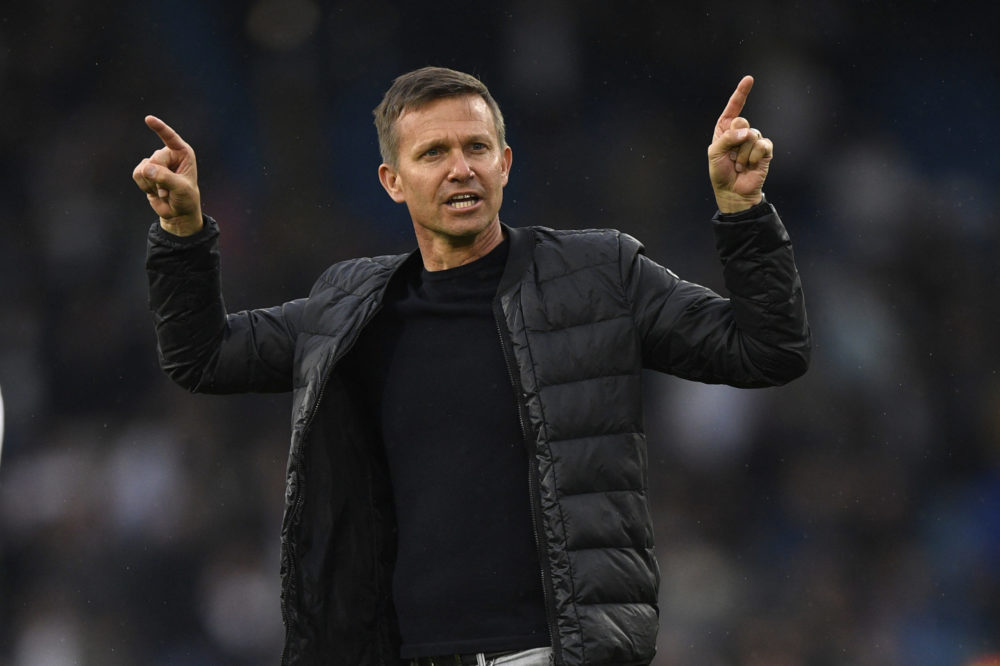 Leeds United's US head coach Jesse Marsch gestures to supporters on the pitch after the English Premier League football match between Leeds United ...