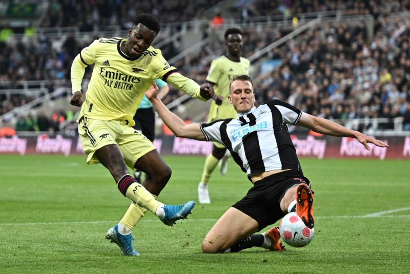 Liverpool warned against signing Eddie Nketiah 2 Newcastle United's English defender Dan Burn (R) blocks a shot from Arsenal's English striker Eddie Nketiah during the English Premier League football match between Newcastle United and Arsenal at St James' Park in Newcastle-upon-Tyne, north east England on May 16, 2022.(Photo by OLI SCARFF/AFP via Getty Images)