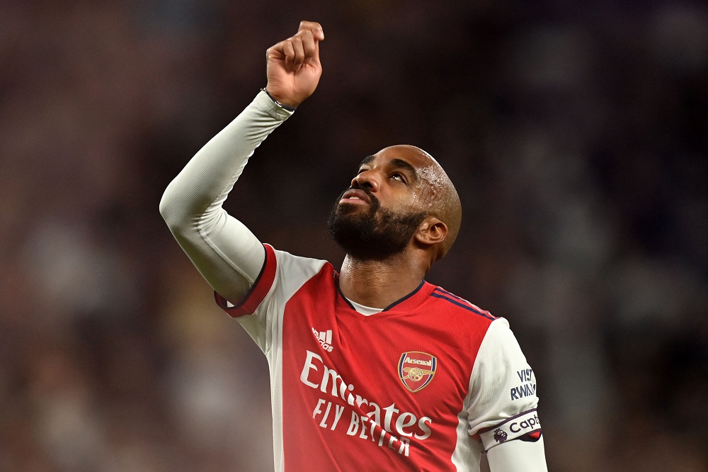 Arsenal's French striker Alexandre Lacazette gestures on the pitch after the English Premier League football match between Tottenham Hotspur and Ar...