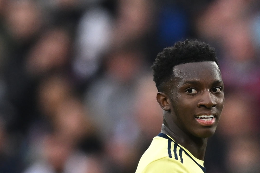 Arsenal's English striker Eddie Nketiah reacts after missing to score during the English Premier League football match between West Ham United and ...