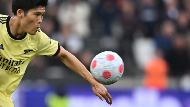 Arsenal's Japanese defender Takehiro Tomiyasu during the English Premier League football match between West Ham United and Arsenal at the London St...