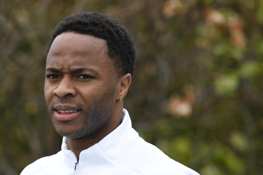 Manchester City's English midfielder Raheem Sterling takes part in a training session at the Manchester City training ground in Manchester, north-west England, on May 3, 2022, on the eve of their UEFA Champions League semi-final second leg football match against Real Madrid. (Photo by OLI SCARFF/AFP via Getty Images)
