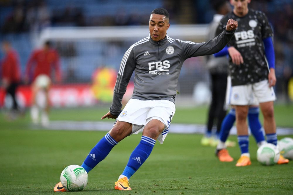 Leicester City's Belgian midfielder Youri Tielemans warms up ahead of the UEFA Conference League semi-final first leg football match between Leices...