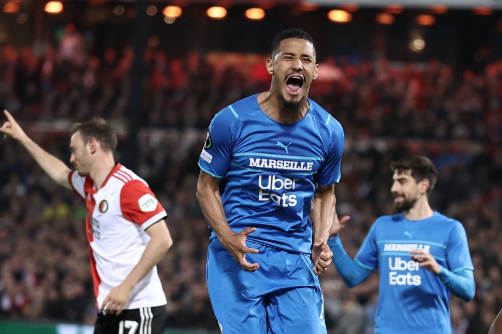 Marseille's French defender William Saliba reacts after missing a goal opportunity during the UEFA Europa Conference League semi-final second leg f...