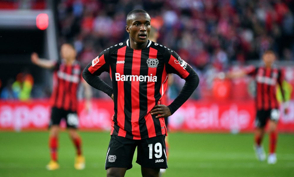 Leverkusen's French forward Moussa Diaby looks on during the German first division Bundesliga football match Bayer 04 Leverkusen v RB Leipzig in Le...