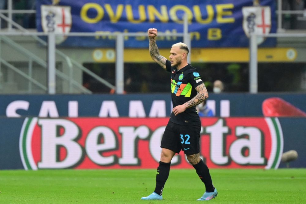 Inter Milan's Italian defender Federico Dimarco celebrates after Inter scored their first goal during the Italian Serie A football match between In...