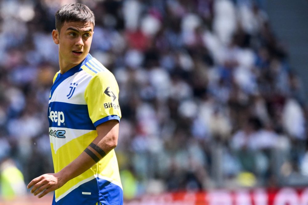 Juventus' Argentine forward Paulo Dybala looks on during the Italian Serie A football match between Juventus and Venezia at the Juventus stadium in...
