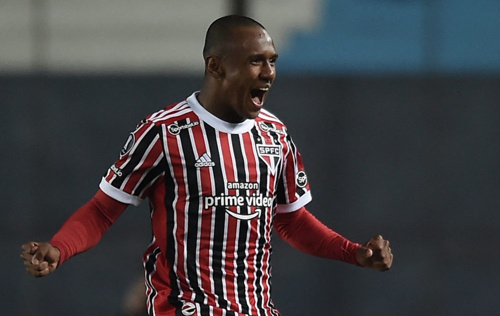 Brazil's Sao Paulo Marquinhos celebrates after scoring against Argentina's Racing Club during their Copa Libertadores round of 16 second leg footba...