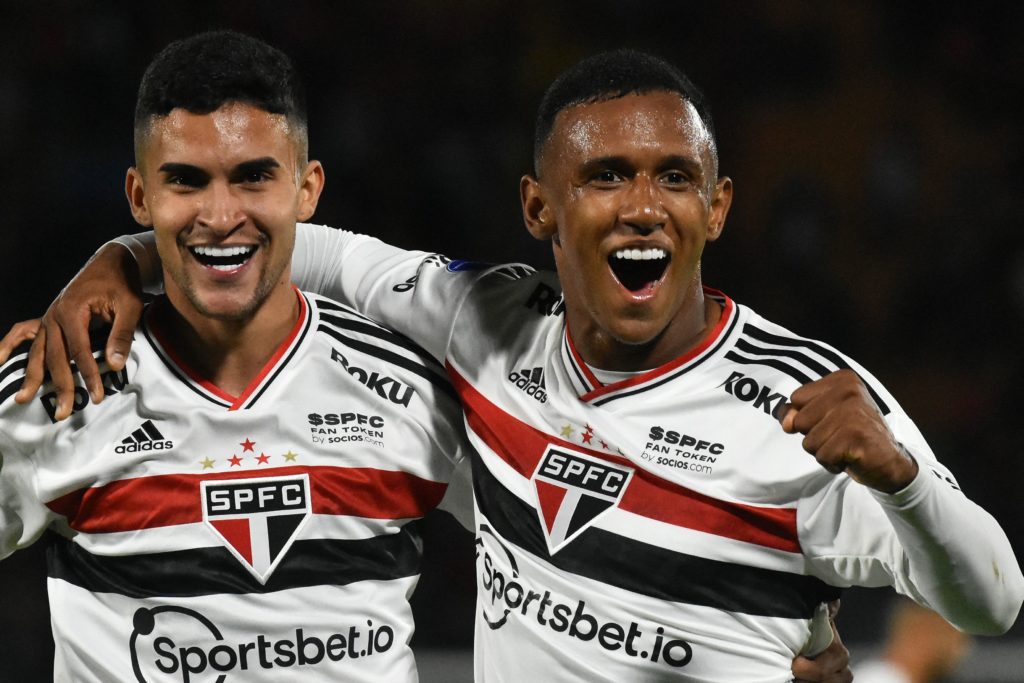 Club president tried everything to keep Arsenal-bound winger 2 Brazil's Sao Paulo Marquinhos (R) celebrates with teammate Rodrigo Nestor after scoring the team's third goal against Bolivia's Jorge Wilstermann during their Copa Sudamericana group stage football match at the Felix Capriles stadium in Cochabamba, Bolivia, on April 28, 2022. (Photo by FERNANDO CARTAGENA/AFP via Getty Images)