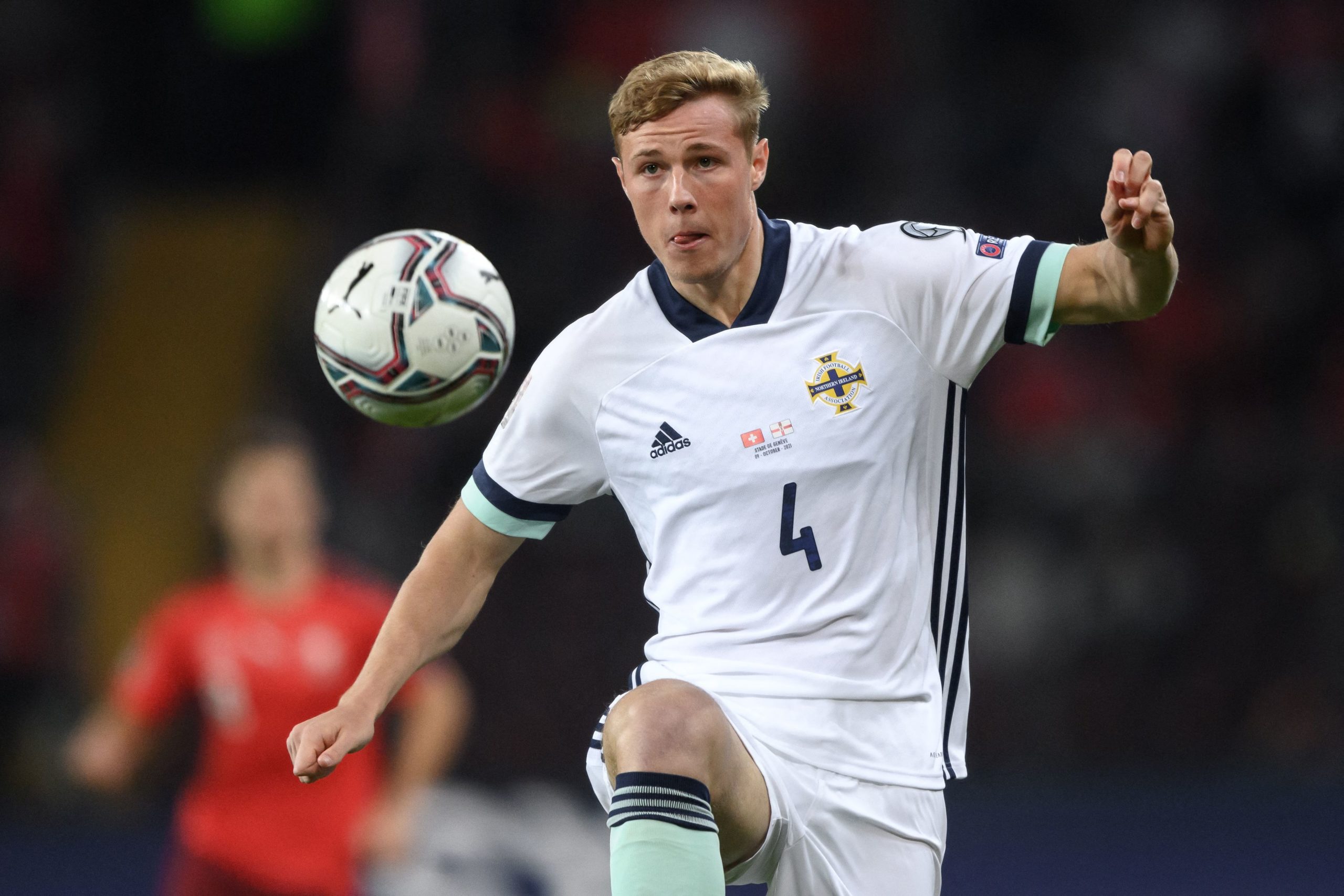 Northern Ireland's defender Daniel Ballard controls the ball during FIFA World Cup Qatar 2022 qualification football match between Switzerland and ...
