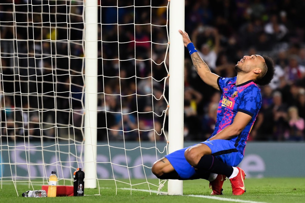 BARCELONA, SPAIN: Pierre-Emerick Emiliano François Aubameyang of FC Barcelona shows his dejection during the UEFA Europa League Quarter Final Leg Two match between FC Barcelona and Eintracht Frankfurt at Camp Nou on April 14, 2022. (Photo by David Ramos/Getty Images)