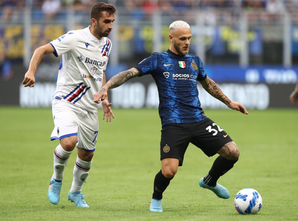 Arsenal interested in £20m Inter Milan star 2 MILAN, ITALY: Federico Dimarco of FC Internazionale is closed down by Simone Trimboli of UC Sampdoria during the Serie A match between FC Internazionale and UC Sampdoria at Stadio Giuseppe Meazza on May 22, 2022. (Photo by Marco Luzzani/Getty Images)