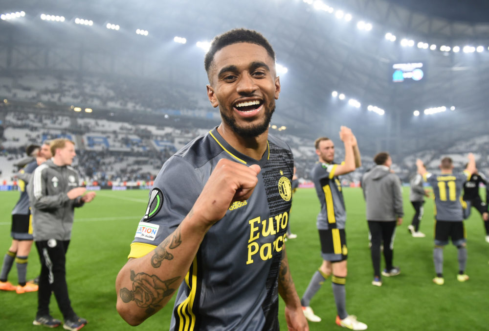 MARSEILLE, FRANCE: Reiss Nelson of Feyenoord celebrates after victory in the UEFA Conference League Semi-Final Leg Two match between Olympique Mars...