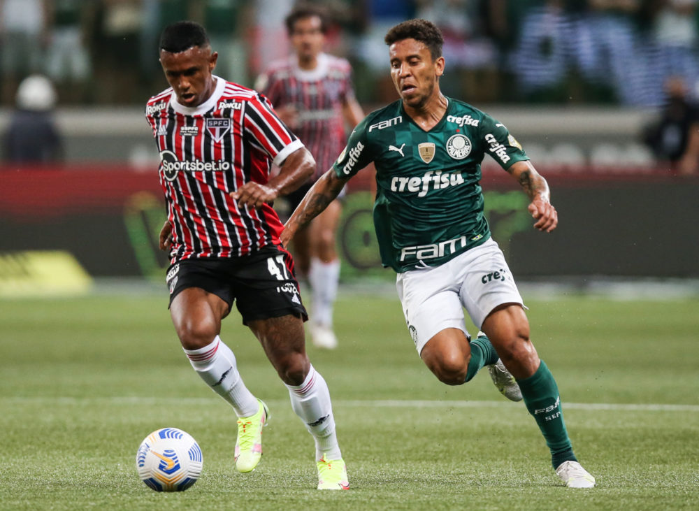 SAO PAULO, BRAZIL: Marquinhos of Sao Paulo and Marcos Rocha of Sao Paulo fight for the ball during a match between Palmeiras and Sao Paulo as part ...