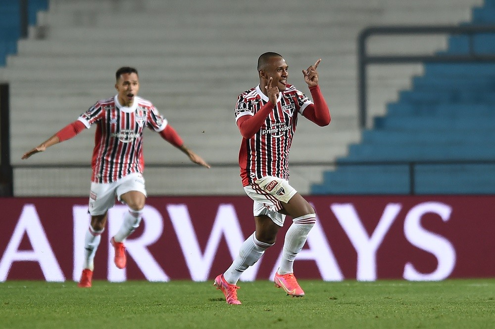 AVELLANEDA, ARGENTINA: Marquinhos of Sao Paulo celebrates after scoring the second goal of his team during a round of sixteen second leg match betw...