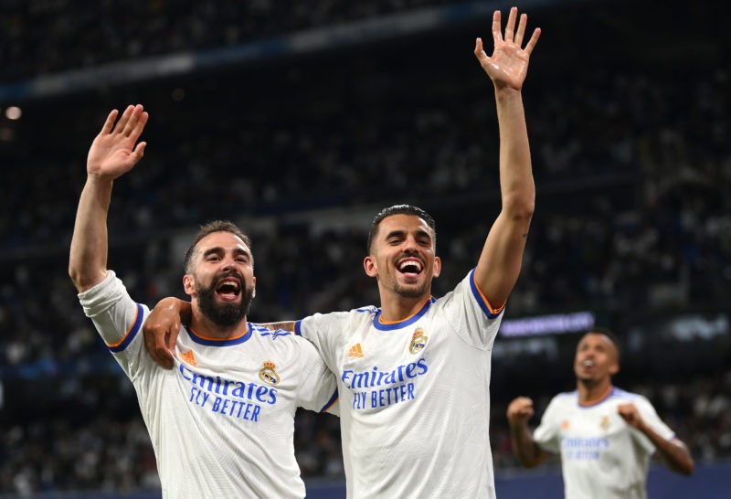 MADRID, SPAIN - MAY 04: Daniel Carvajal and Dani Ceballos of Real Madrid celebrate their side's victory and progression to the UEFA Champions Leagu...