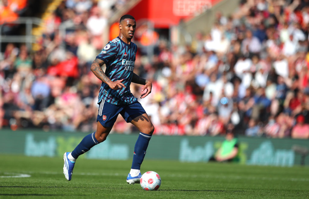 4 senior players miss Arsenal training session 3 SOUTHAMPTON, ENGLAND: Gabriel Magalhães of Arsenal in action during the Premier League match between Southampton and Arsenal at St Mary's Stadium on April 16, 2022. (Photo by Pete Norton/Getty Images)