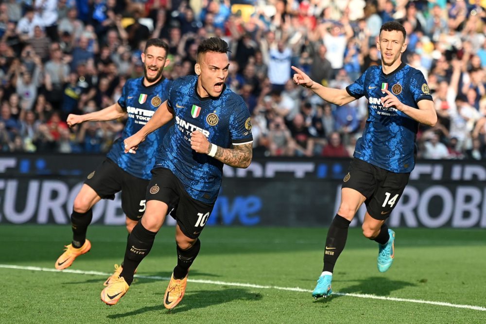 UDINE, ITALY: Lautaro Martinez of FC Internazionale celebrates after scoring his team's second goal during the Serie A match between Udinese Calcio...