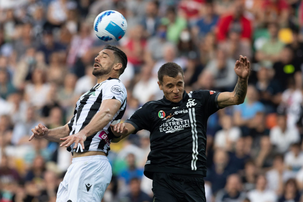 UDINE, ITALY: Pablo Mari of Udinese Calcio competes for the ball with Jakub Kiwior of Spezia Calcio during the Serie A match between Udinese Calcio...