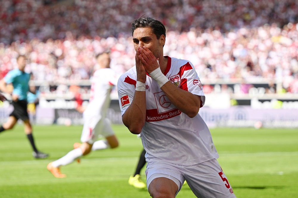 STUTTGART, GERMANY: Konstantinos Mavropanos of VfB Stuttgart reacts after a missed chance during the Bundesliga match between VfB Stuttgart and 1. ...