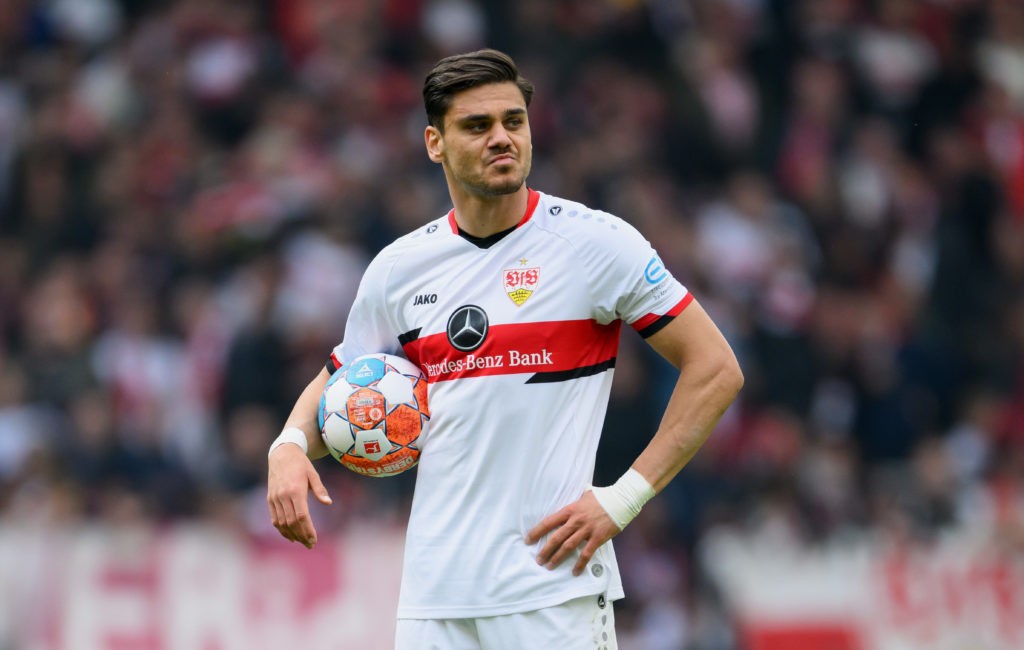 Bundesliga club chase former Arsenal defender with sell-on clause 2 STUTTGART, GERMANY: Konstantinos Mavropanos of VfB Stuttgart looks on during the Bundesliga match between VfB Stuttgart and VfL Wolfsburg at Mercedes-Benz Arena on April 30, 2022. (Photo by Matthias Hangst/Getty Images)