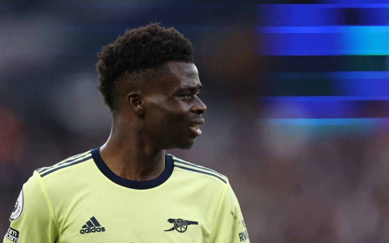 LONDON, ENGLAND - MAY 01: Bukayo Saka of Arsenal looks on during the Premier League match between West Ham United and Arsenal at London Stadium on ...