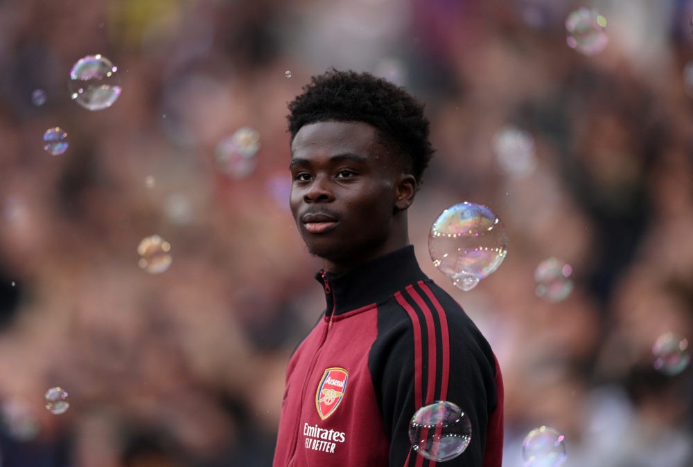 LONDON, ENGLAND: Bukayo Saka of Arsenal walks out for the Premier League match between West Ham United and Arsenal at London Stadium on May 01, 202...