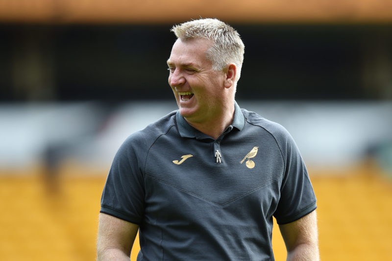 WOLVERHAMPTON, ENGLAND - MAY 15: Dean Smith, Manager of Norwich City inspects the pitch prior to the Premier League match between Wolverhampton Wan...